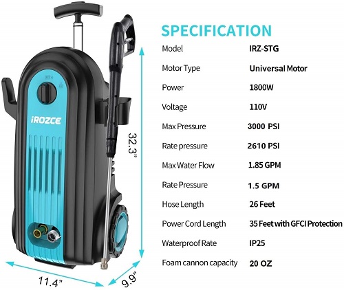 Lavadora eléctrica a presión 2610PSI, 1.85GPM iRozce - Imagen 2