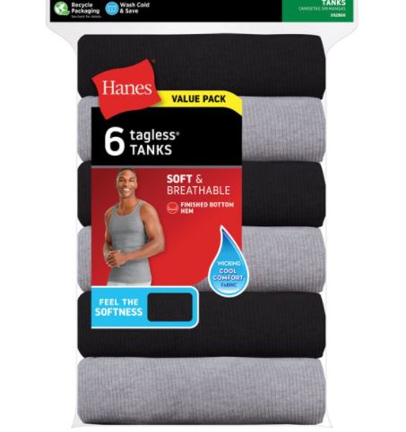 Paquete de 6 camisas de tirantes para caballero talla S/P marca Hanes - Imagen 3