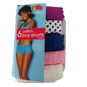 Paquete de 5 panties para dama tipo Boy shorts Talla 6/M. Marca Fruit of the Loom