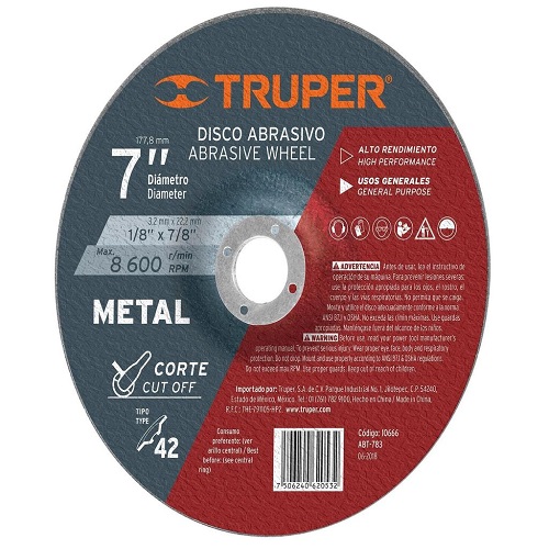 Disco para corte de metales tipo 42 de 7" de diámetro marca TRUPER