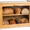 Caja de pan de bambú para mostrador de cocina, almacenamiento de pan de doble capa con ventanas transparentes