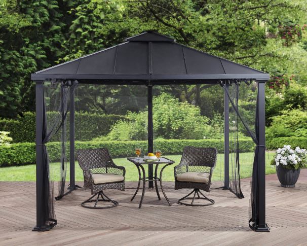 Gazebo de acero con techo duro y red, color negro de 10×10 pies