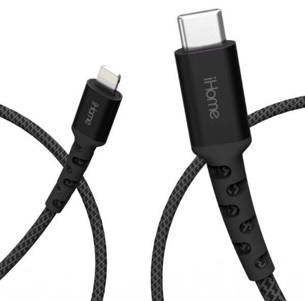 Cable Lightning trenzado de nailon a USB-C, negro, 6' -iHome