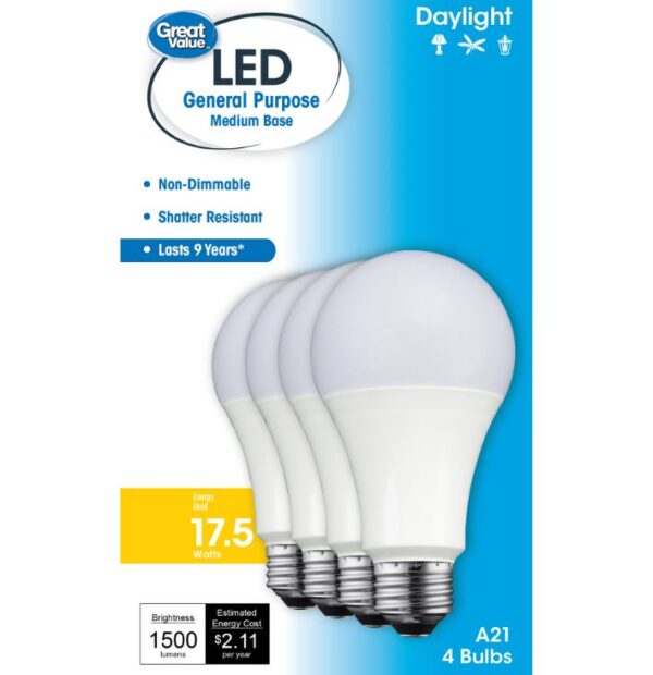 Paquete de 4 Bombillas LED de gran valor, 17.5 W (equivalente a 100 W) -Great Value