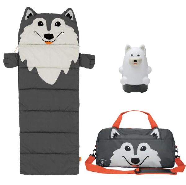 Bolsa de dormir para Niños y set para acampar, Diseño de Lobo/ Gris - Firefly Outdoor Gear
