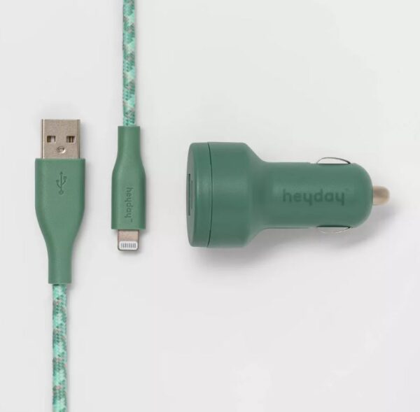 Cargador para carro con dos puertos y Cable Lightning a USB, verde - heyday