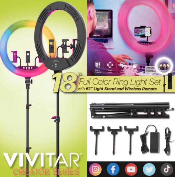 Anillo de luz LED RGB de 18"con trípode y soporte para teléfono - Vivitar