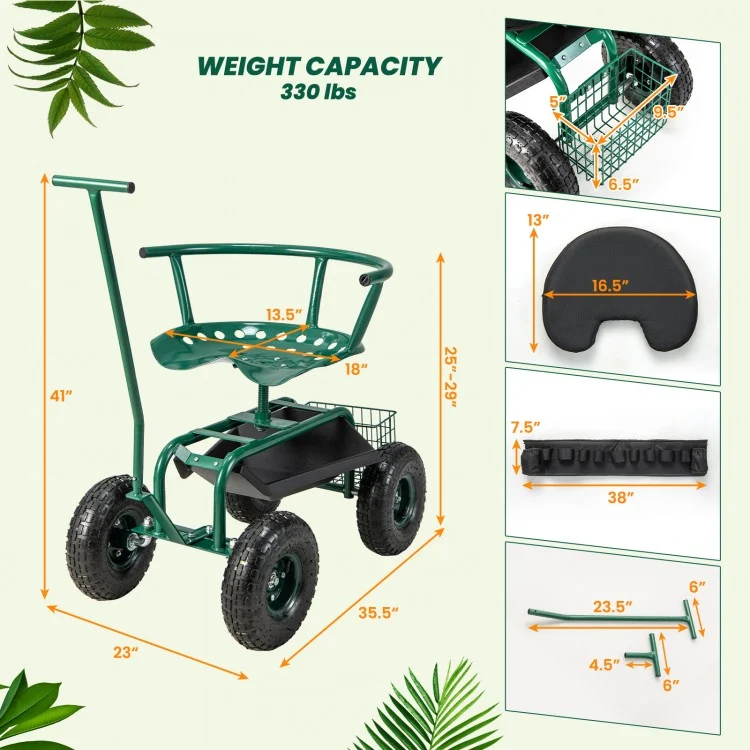 Carrito de jardín con asiento giratorio, altura ajustable y cesta de almacenamiento -Costway - Imagen 6