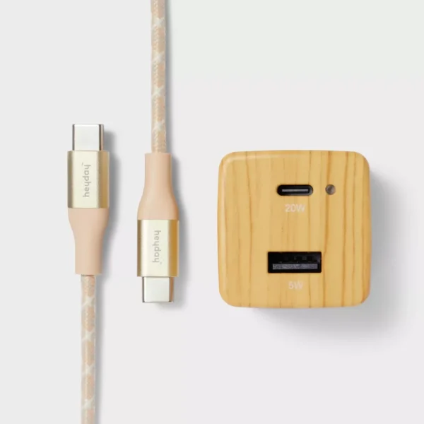 Cargador de pared de 2 puertos con cable de 6', pino blanco  - heyday
