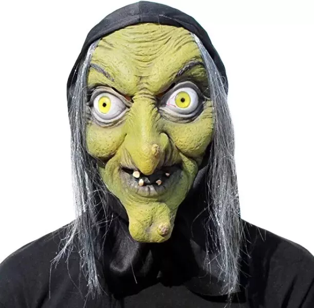 Mascara de bruja antigua verde con ojos amarillos para halloween