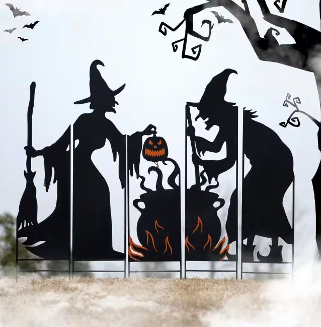 Paquete de 5 siluetas de brujas de metal con caldero 35" color negro -Glitzhome