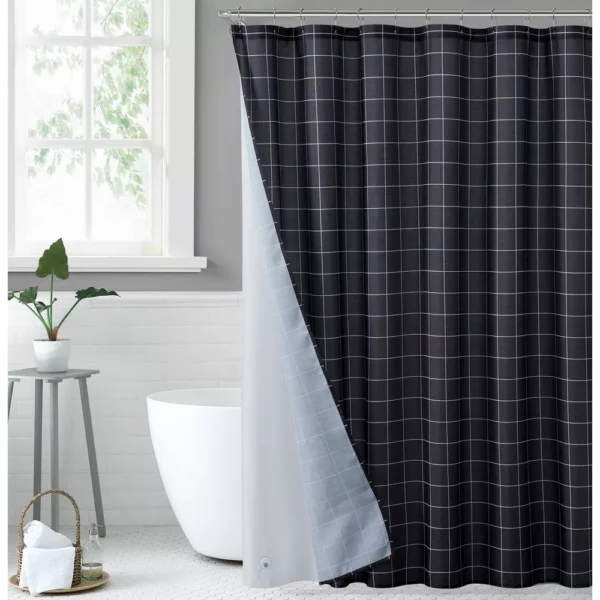 Juego de 14 piezas de cortina para baño negra con estampado a cuadros blancos con anillos 72x72"-Jade