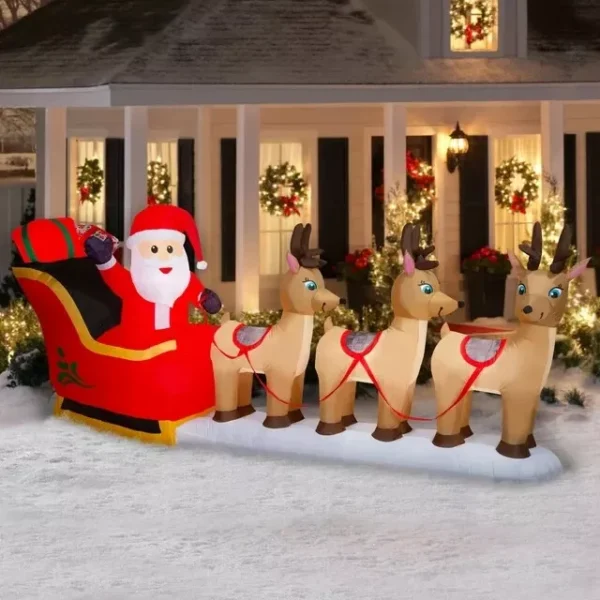 Inflable navideño de 12 pies del trineo de Santa con sus renos -Gemmy Industries