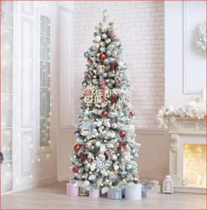 Árbol de Navidad nevado de 7,5 pies preiluminado con luz LED cálida -VEIKOUS