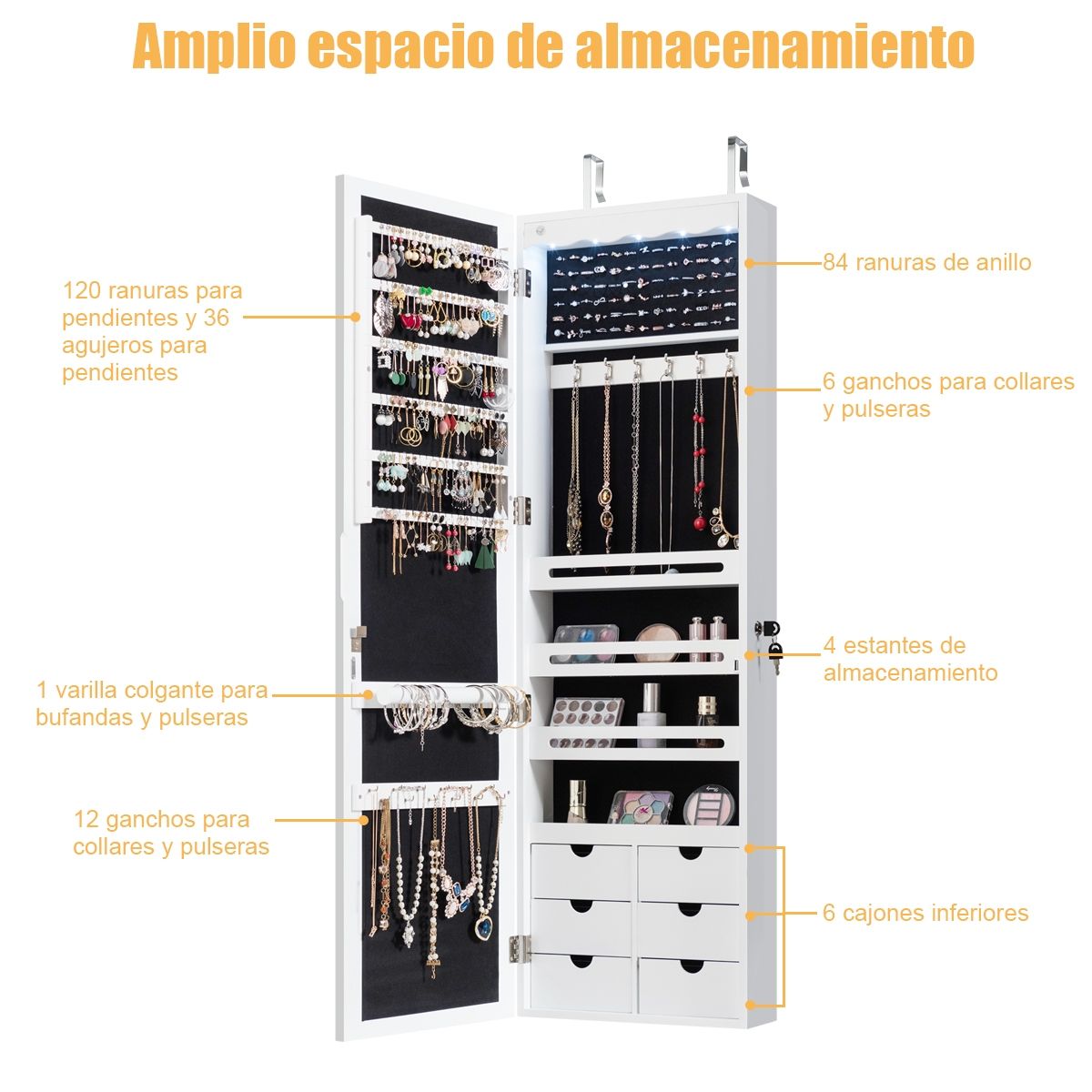 Joyero de pared con espejo, llave e iluminación LED de 36,5 x 11,5 x 120 cm  – Segunda que Barato, image size:1200x1200