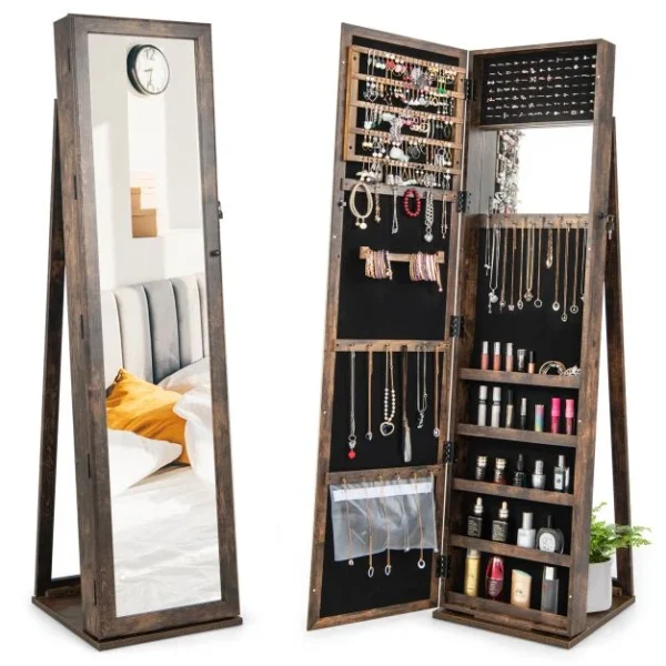 Armario organizador de joyas 2 en 1, con cerradura y espejo, color bronce/café -Costway