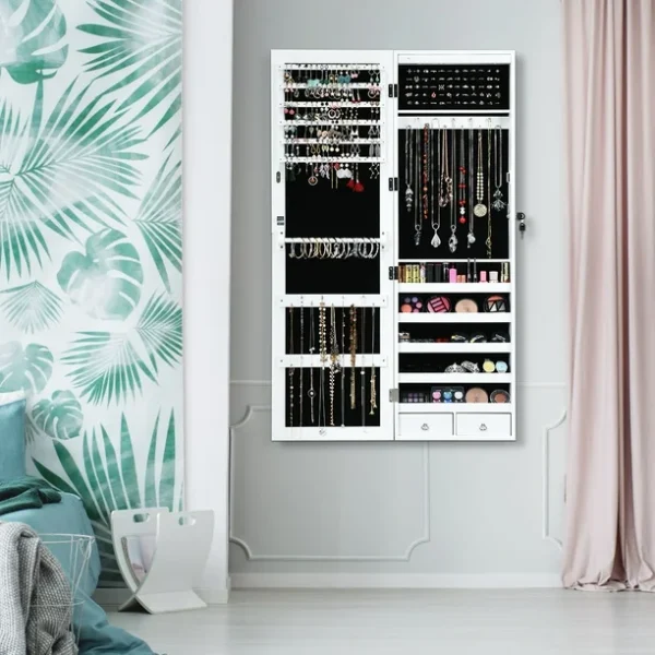 Armario para joyas colgante con espejo y LED, color blanco -Costway
