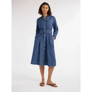 Vestido midi con cinturón y mangas largas para mujer talla S -Free Assembly