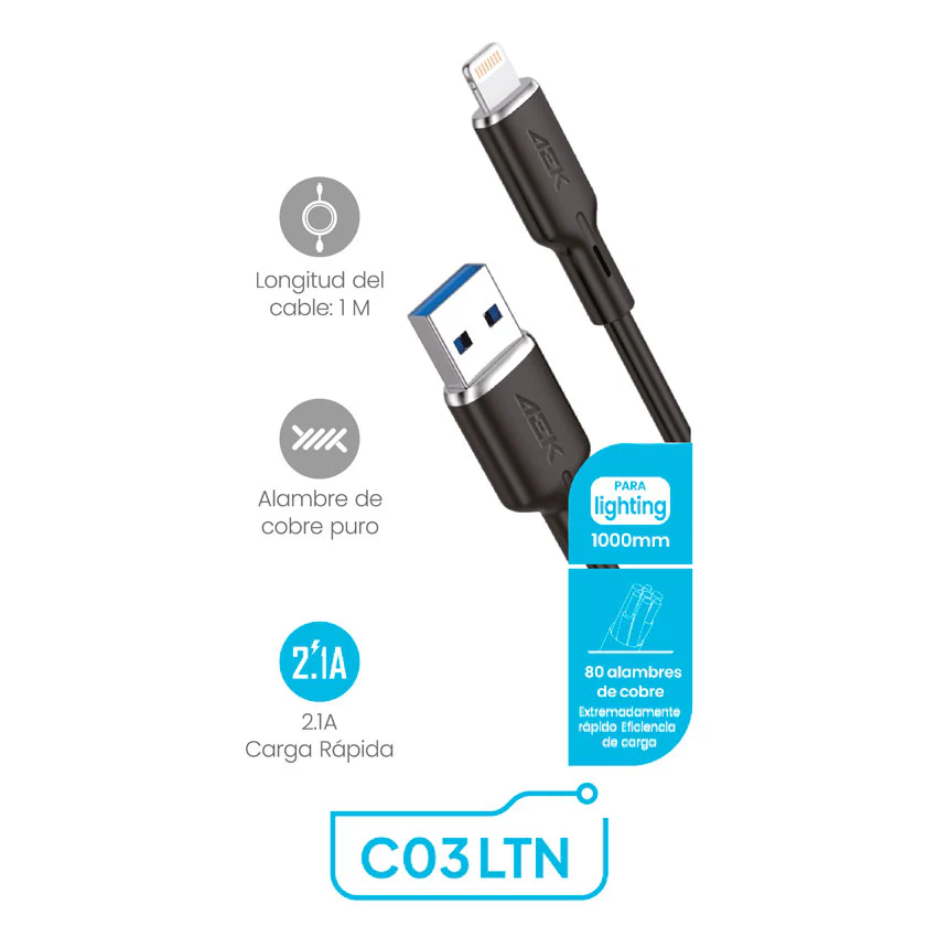 Cable de alimentación USB a LIGHTNING - AEK - Imagen 2