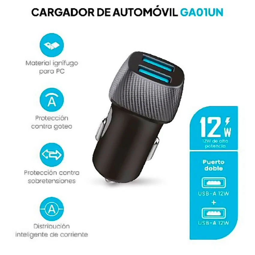 Cargador de celular para carro entradas USB de 12W - Imagen 2