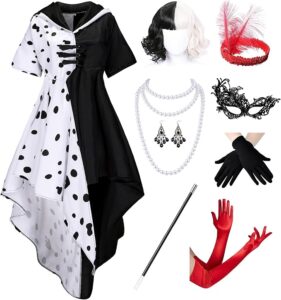 Conjunto de Disfraz de ¨Cruella de Vil¨ dálmata (9 piezas) para mujer talla S