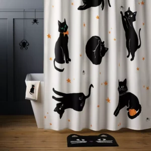 Cortina para baño con diseño de gatos negros que brillan en la oscuridad - Hyde and EEK