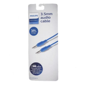 Cable auxiliar de 3 ft con entradas 3,5 mm para audio, color azul - Marca Philips