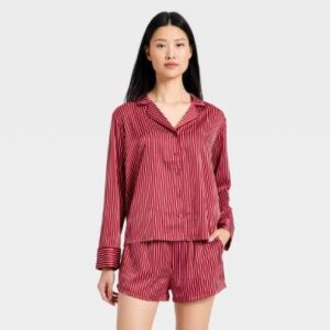 Conjunto de pijama de satín para dama: camisa de manga larga y short, talla M - Marca Auden