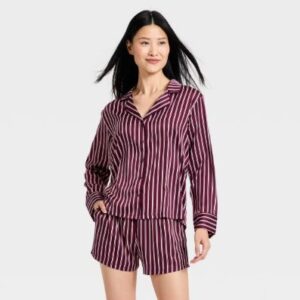 Conjunto de pijama de satín para mujer: short y camisa de manga larga con diseño de rayas, talla XXL - Marca Auden