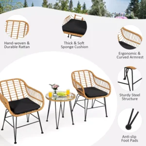 Alternative view of Conjunto de muebles de ratán de 3 piezas para patio, sillas acolchadas y mesa -Costway