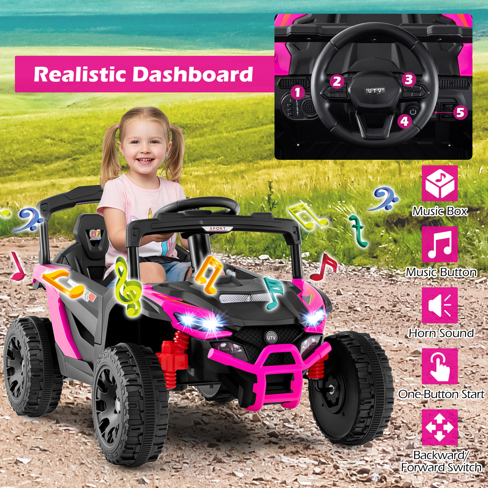 Buggy eléctrico para niños de 12 V con luces LED, música y claxon -Costway - Imagen 4