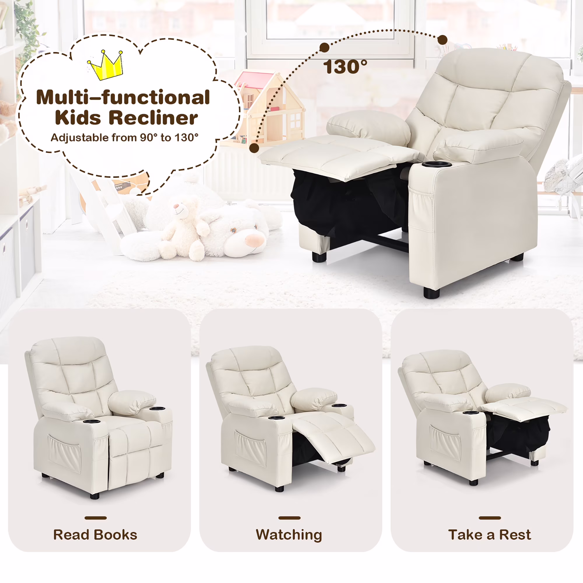 Sillón reclinable para niños de cuero PU con portavasos y bolsillos laterales -Costway - Imagen 3