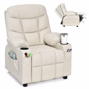 Sillón reclinable para niños de cuero PU con portavasos y bolsillos laterales -Costway