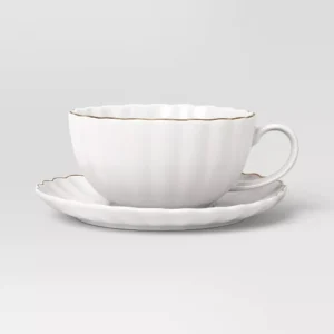Taza para té de gres con plato de 13.1 oz y borde dorado — Threshold