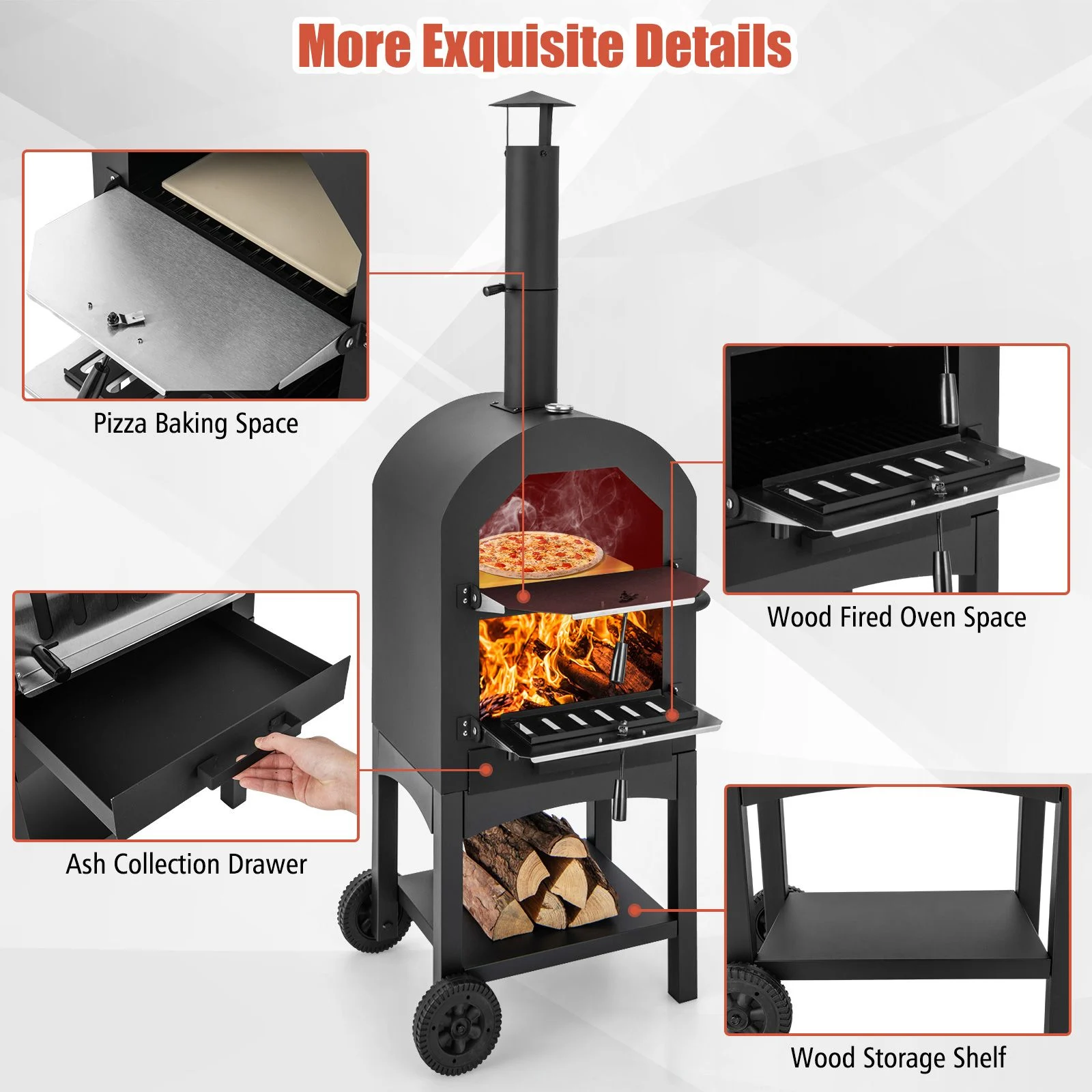 Horno de pizza portátil con termómetro integrado y cajón para cenizas -Costway - Imagen 4