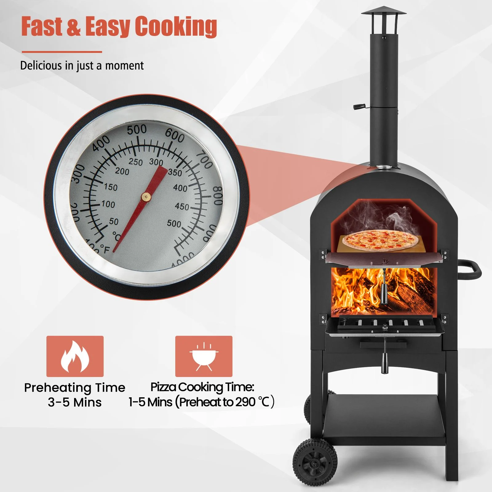 Horno de pizza portátil con termómetro integrado y cajón para cenizas -Costway - Imagen 3