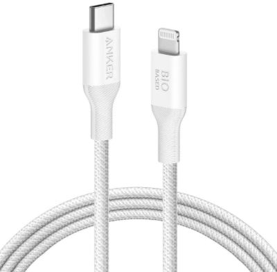 Cable de carga rápida Lightning a USB-C 10 ft ecológico bio-trenzado blanco - Marca Anker