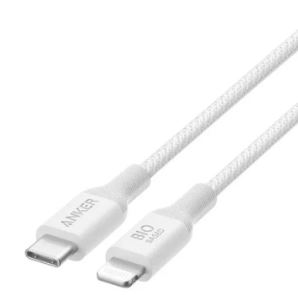 Alternative view of Cable de carga rápida Lightning a USB-C 10 ft ecológico bio-trenzado blanco - Marca Anker