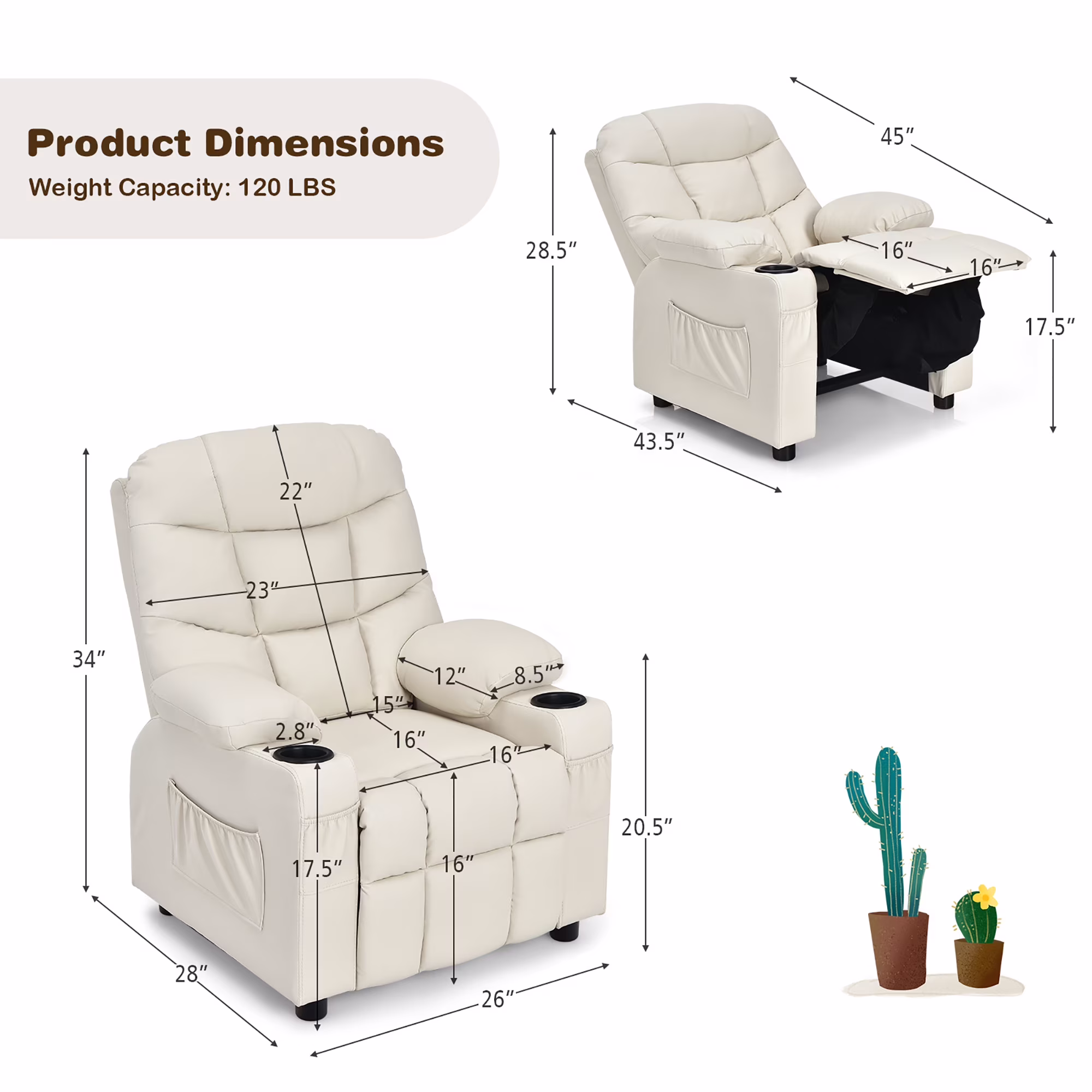Sillón reclinable para niños de cuero PU con portavasos y bolsillos laterales -Costway - Imagen 4