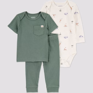 Set de 3 piezas para bebé talla recién nacido en color verde con estampado safari -Carter's