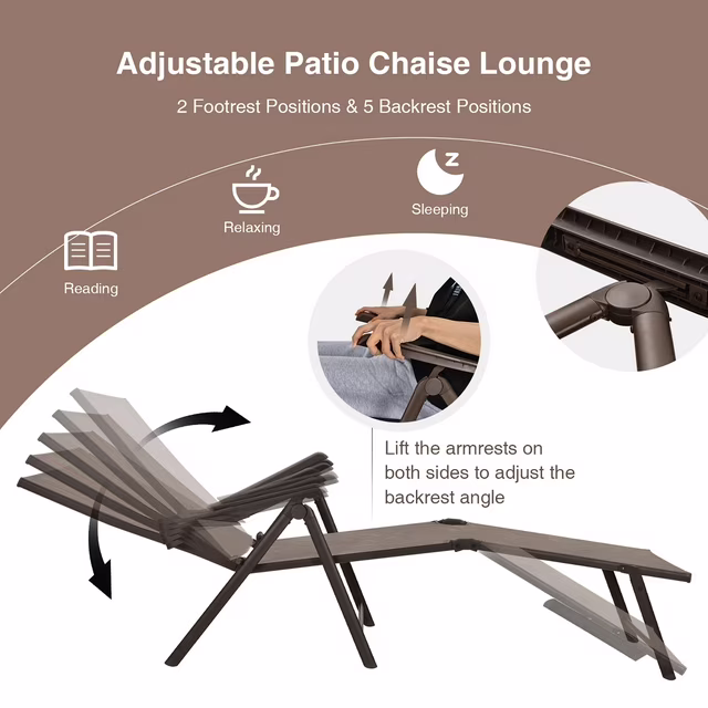 Par de camastros plegables para patio, reclinable y portátil, color café -Costway - Imagen 5