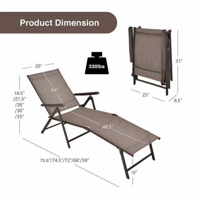 Par de camastros plegables para patio, reclinable y portátil, color café -Costway - Imagen 6