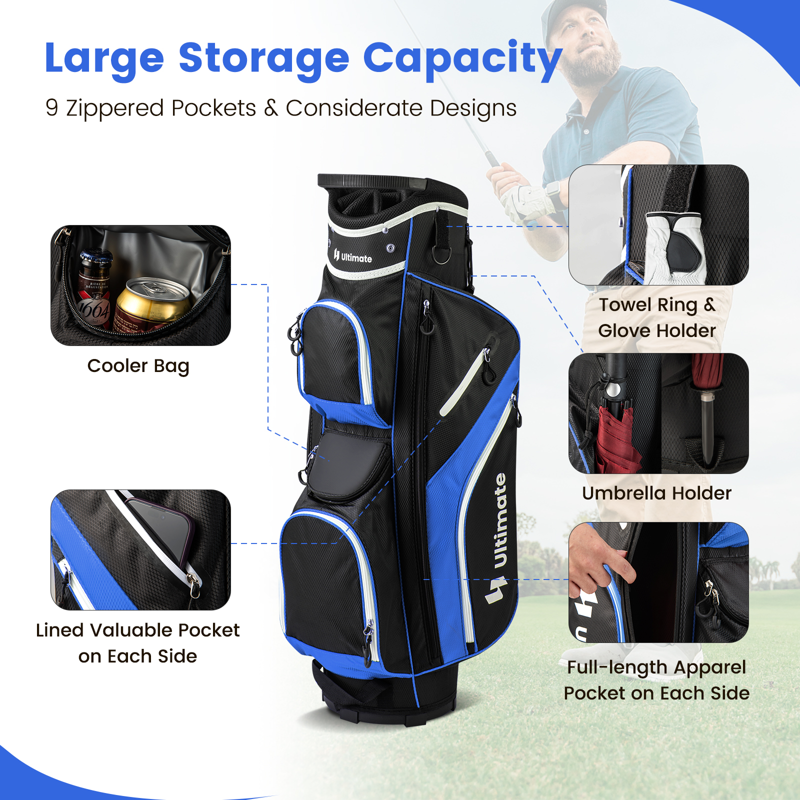 Bolsa para palos de golf con 14 separadores superiores -Costway - Imagen 3