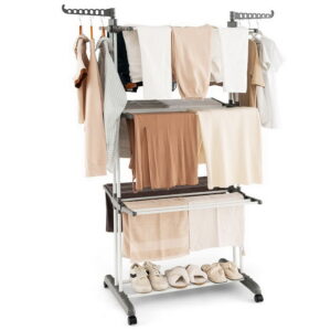 Tendedero de ropa de 4 niveles con alas laterales giratorias y estantes plegables -Costway