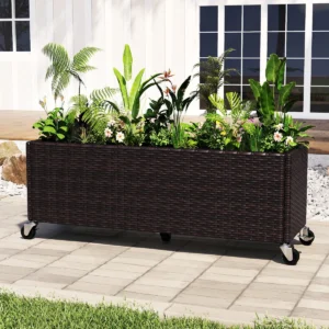 Jardinera elevada de ratán con ruedas y forro color marrón jaspeado -Costway