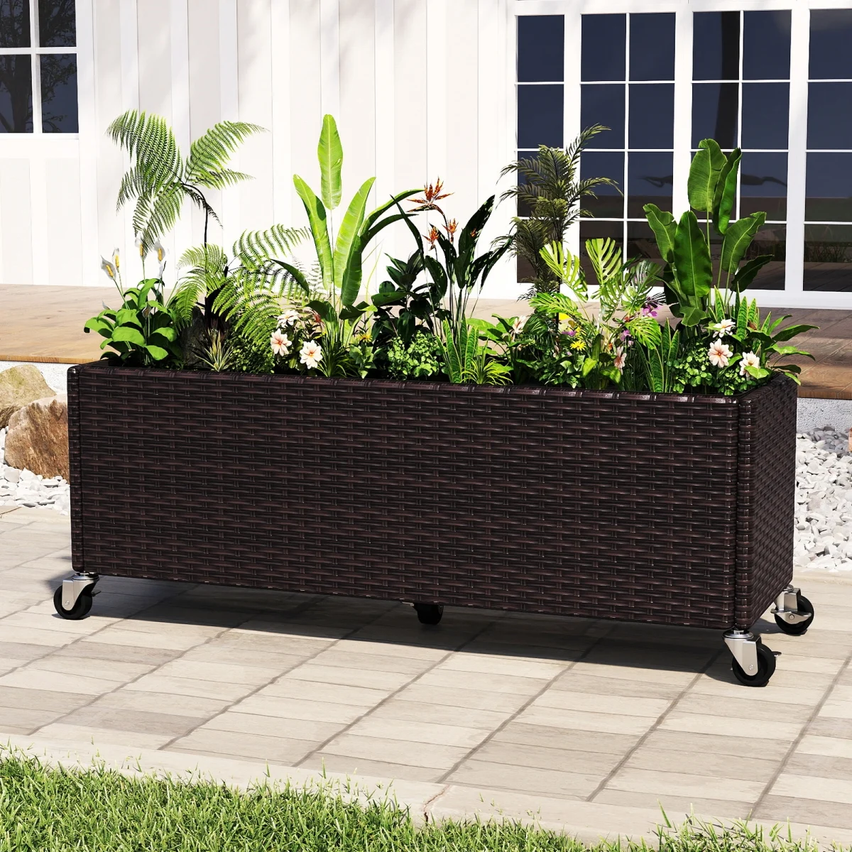 Jardinera elevada de ratán con ruedas y forro color marrón jaspeado -Costway