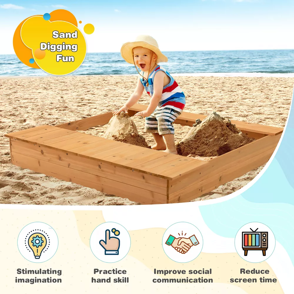 Arenero de madera para niños con bancos y cajas de almacenamiento -Costway - Imagen 7