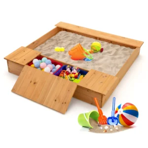 Arenero de madera para niños con bancos y cajas de almacenamiento -Costway