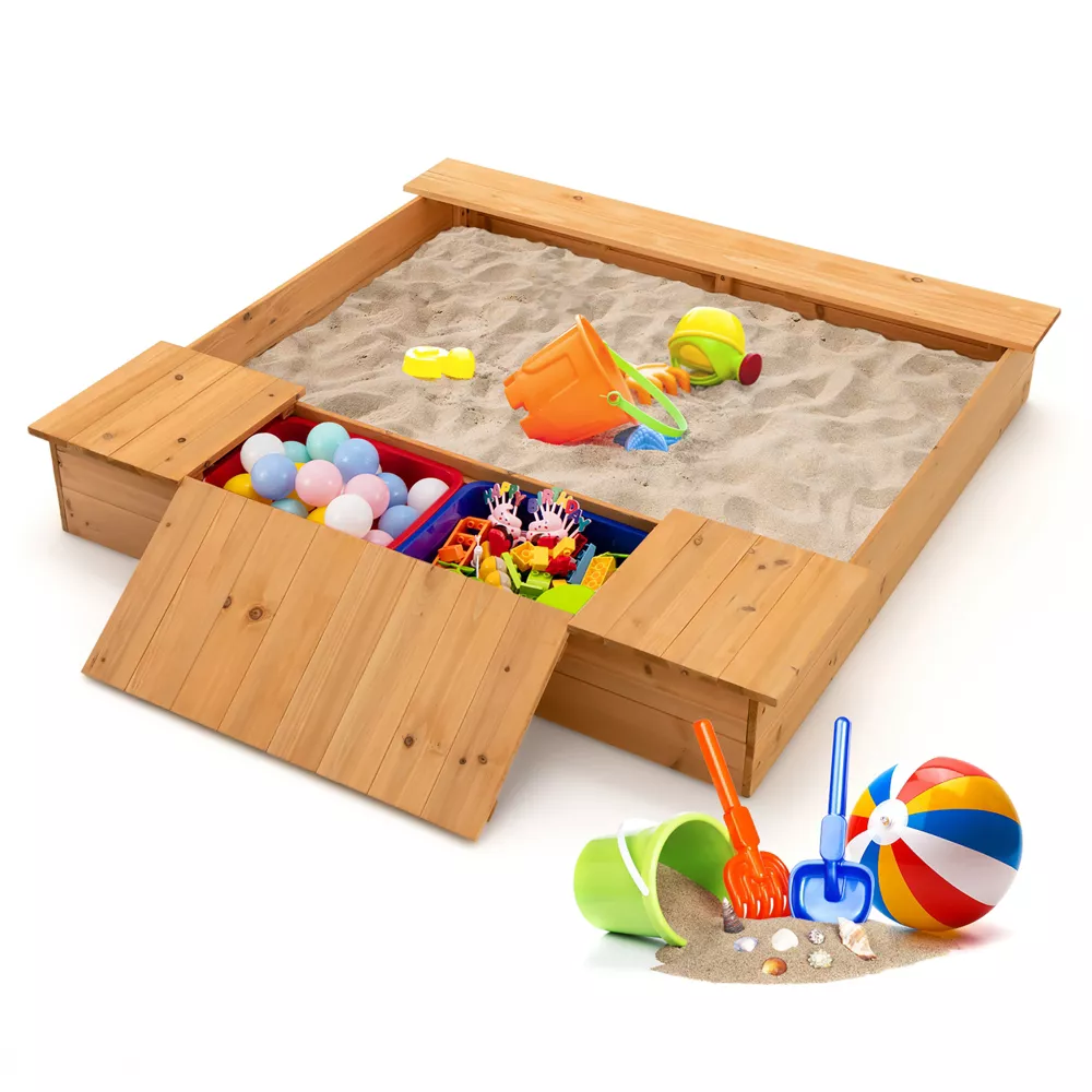 Arenero de madera para niños con bancos y cajas de almacenamiento -Costway