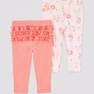 Paquete de 2 pantalones talla 12 meses color coral con estampado floral y volantes -Carter's